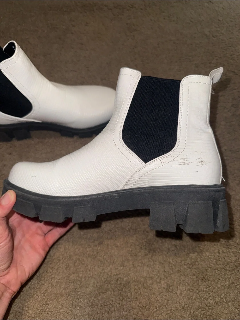 TC White Chunky Chelsea Ankle Boots with Black Elastic Panels